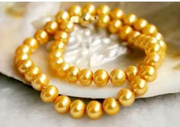 

925silver Yellow Gold HOT 18" 9-10MM REAL AUSTRALIAN SOUTH SEA GOLDEN PEARL NECKLACE