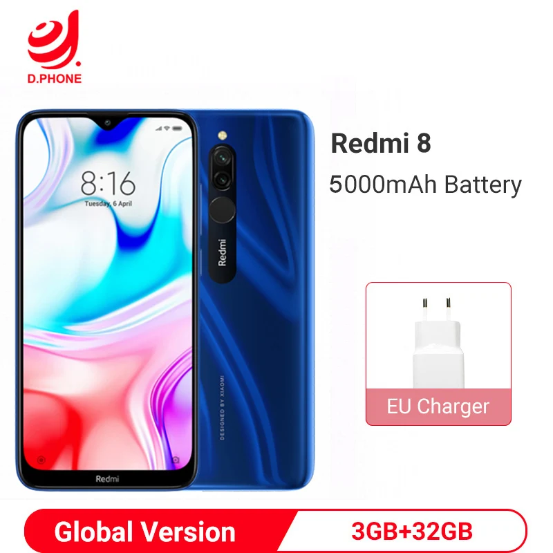 Смартфон Xiaomi Redmi 8 с глобальной версией, 3 ГБ, 32 ГБ, Восьмиядерный процессор Snapdragon 439, аккумулятор 5000 мАч, двойная камера 12 Мп, экран 6,22 дюйма