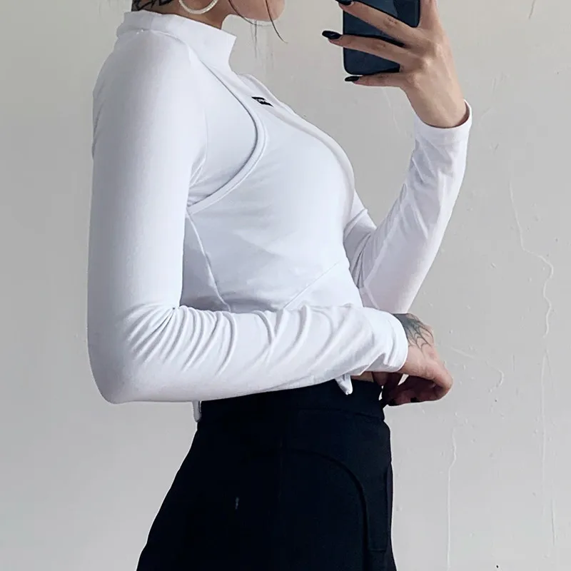 New Women's High-necked Long-sleeved White Short Top High Street Fake Two-piece Slim Sexy T-shirt With Navel Street Wear