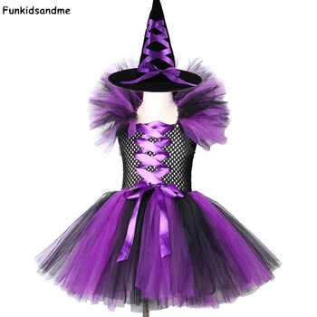 

Purple Black Girls Witch Tutu Dress with Hat Kids Halloween Cosplay Witch Costume Clothes Tulle Fancy Girls Carnival Party Dress