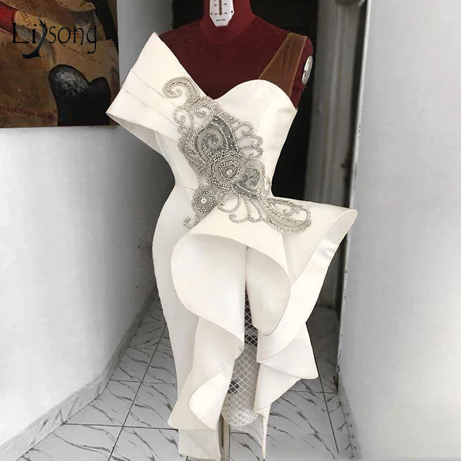 Real Afbeelding Rechte Thee Lengte Prom Dresses Witte Ruches Crystal Formele Party Dress Een Schouder Speciale Ontworpen Abendkleider Real Afbeelding Rechte Thee Lengte Prom Dresses Witte Ruches Crystal Formele Party Dress Een Schouder Speciale Ontworpen Abendkleider