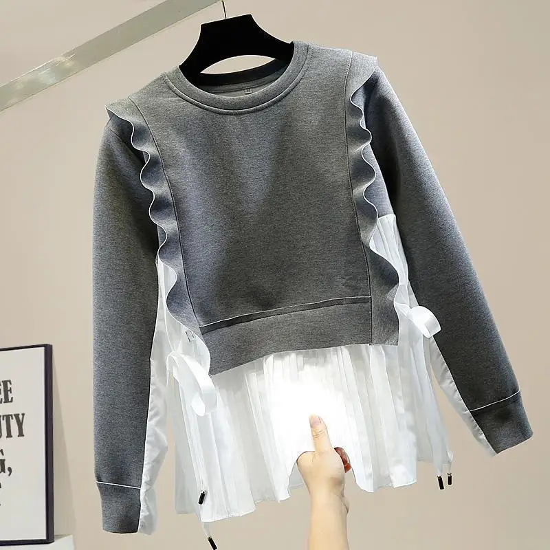 Женский свободный пуловер с плиссированным подолом Повседневный свитер длинным