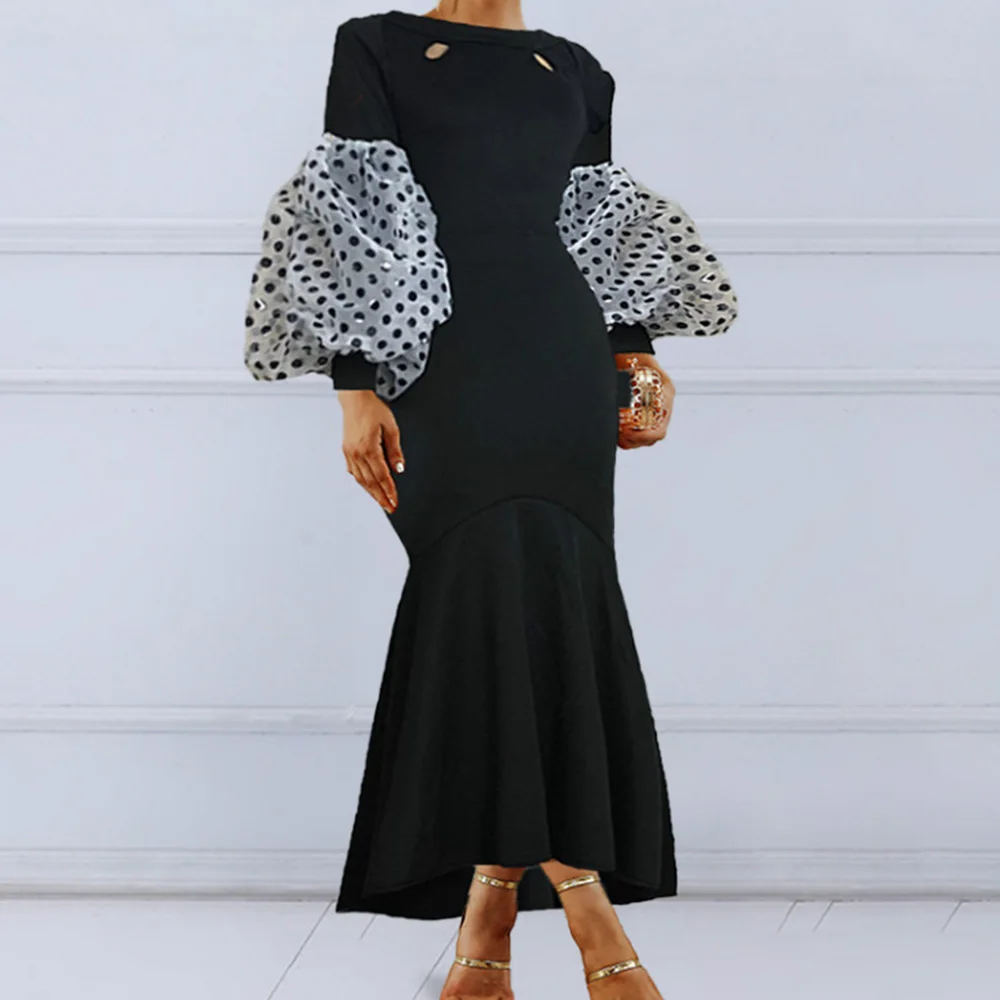 

Black Puff Sleeve Women Mermaid Dress Elegant 2020 Round Neck Party Dinner Long Maxi Dresses Robe Trumpet Vestiods Pleated Dress