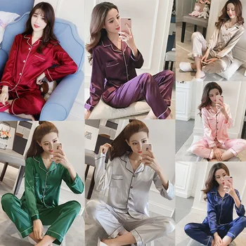 

Imitated Silk Pajamas Women's Long Sleeve Viscose Two-Piece Set Korean-style Casual Cardigan Real Silk Home Outer Wear
