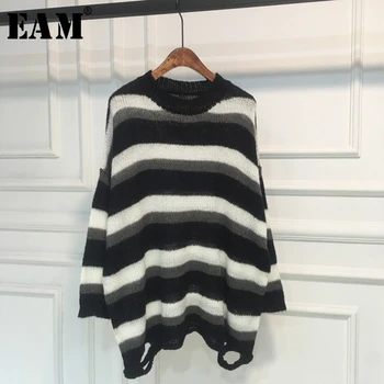 

[EAM] Striped Big Size Knitting Sweater Loose Fit Round Neck Long Sleeve Women Pullovers New Fashion Autumn Winter 2020 1X517