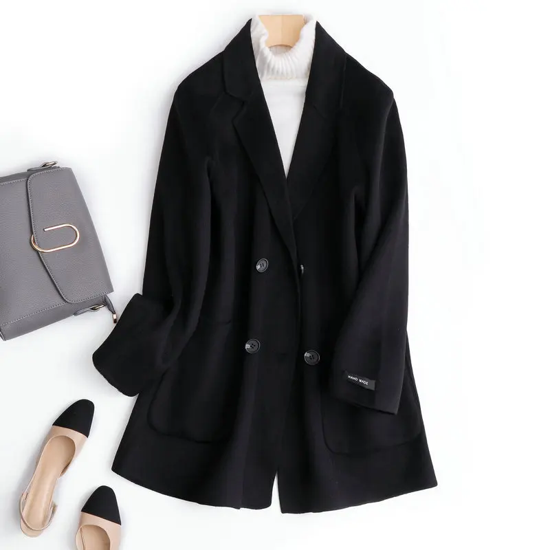 

spring women100% wool coat black winte new brief paragraph double-sided cashmere coat female easy suit collar jacket joker