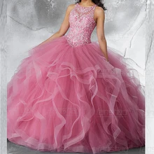 

Pink Ball Quinceanera Dresses Slilver Appliques Beading Sequin Tiered Stylish Sleeveless Scoop Neck Vestido De Fiesta Lace Up
