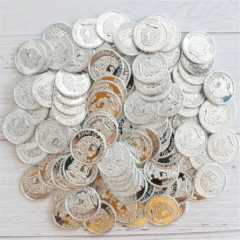 100 Pc BPA Free Plastic Pirate Gold Coins Gold Treasure Play Coins for Play Favor Party Supplies Pirate Party Treasure Hunt Game 5