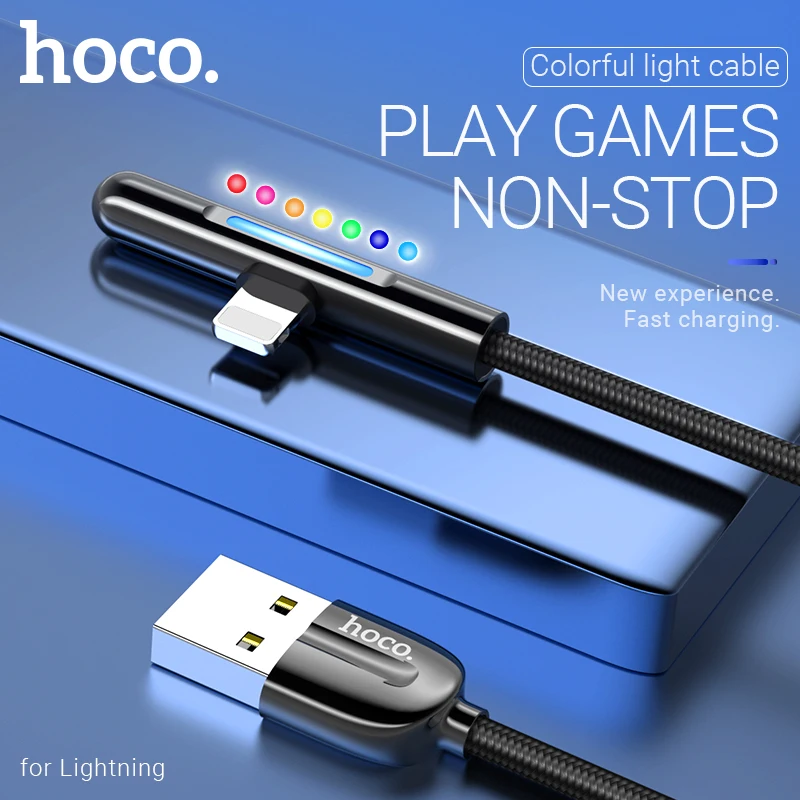 hoco зарядный кабель для lightning usb зарядник для iphone x xs max xr передача данных цветная подсветка индикатор угловой коннектор ток 2.4А шнур для зарядки зарядник для айфона айпад шнурок лайтнинг на айфон игровой
