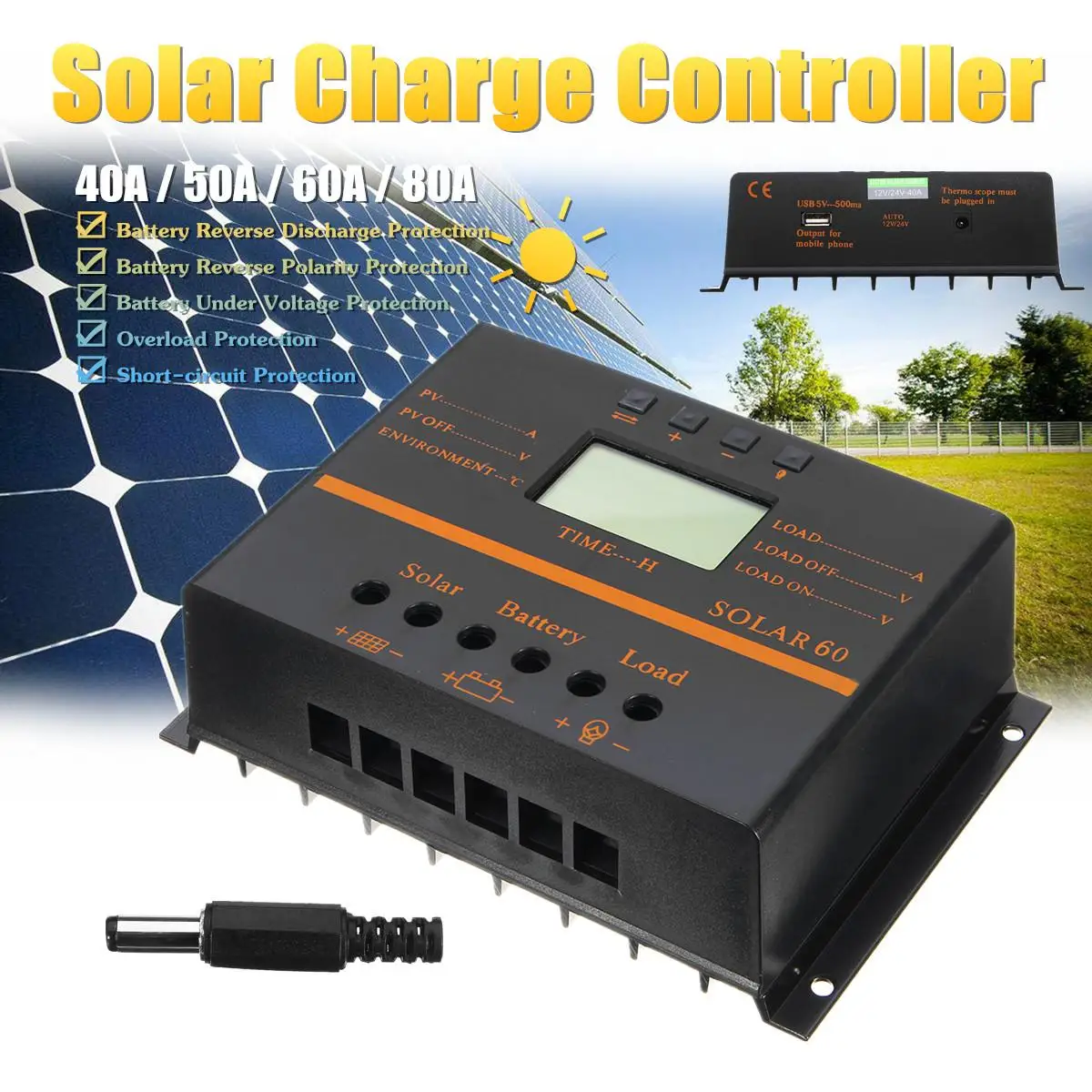 

Auto LCD Display Solar Controller Charge Battery 12V/24V PWM Regulator USB 40A/50A/60A/80A Overload Short-circuit Protection