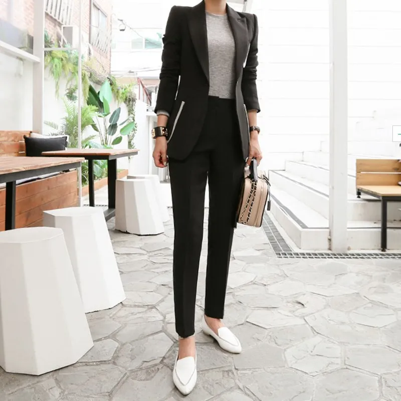 

2019 Autumn Lady Office Formal Two Piece Set Women Suit Set Double Breated Purple Blazer High Waist Slim Flare Pants