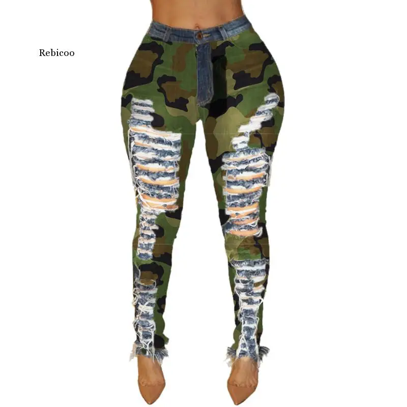 

Новые осенне-зимние женские джинсовые брюки, женские узкие Сращенные джинсы с дырками и камуфляжным принтом, сексуальные брюки-карандаш с завязками