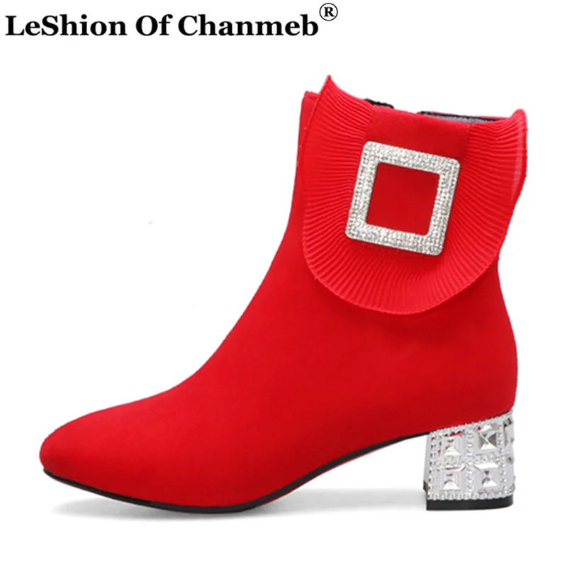 

Sweet Shiny Gemstone Block Heels Ankle Boots Women Wedding Shoes Sparking Crystal Buckle Bridal Party Shoe Size 33 zapatos mujer