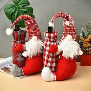 

Christmas Wine Bottle Pocket Table Ornament Tree Snowman Elk Printed Hat Gifts Reusable No-Face Doll