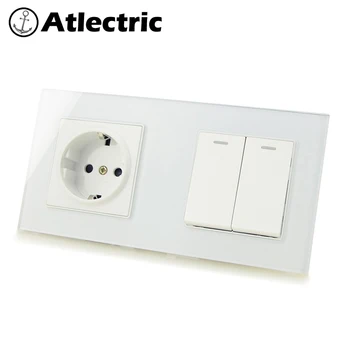 

Atlectric EU/DE Plug Power Socket Double Wall Socket 1 2 3 4 Gang ON/OFF Light Switch Lamp Light Button Tempered Glass Panel