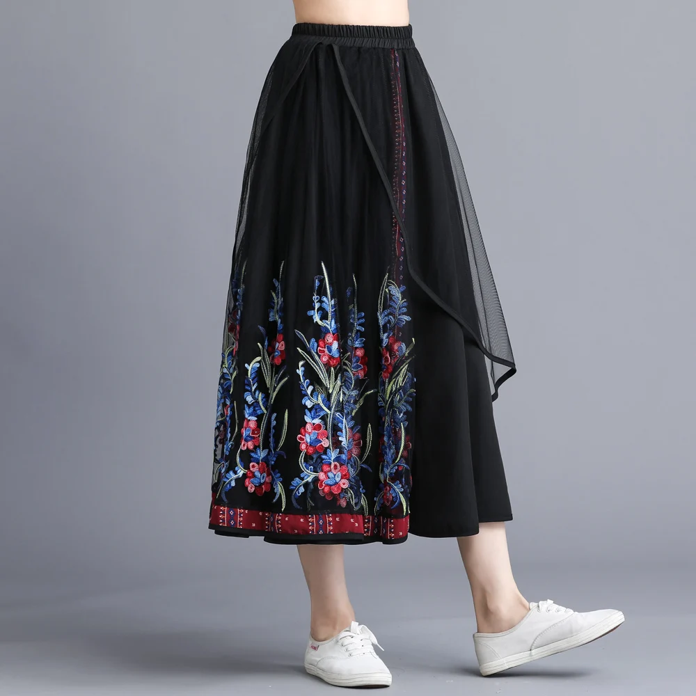 KYQIAO онлайн Китайский магазин длинные Этнические юбки женские осенние оригинальные boho Длинные черные юбки миди с вышивкой