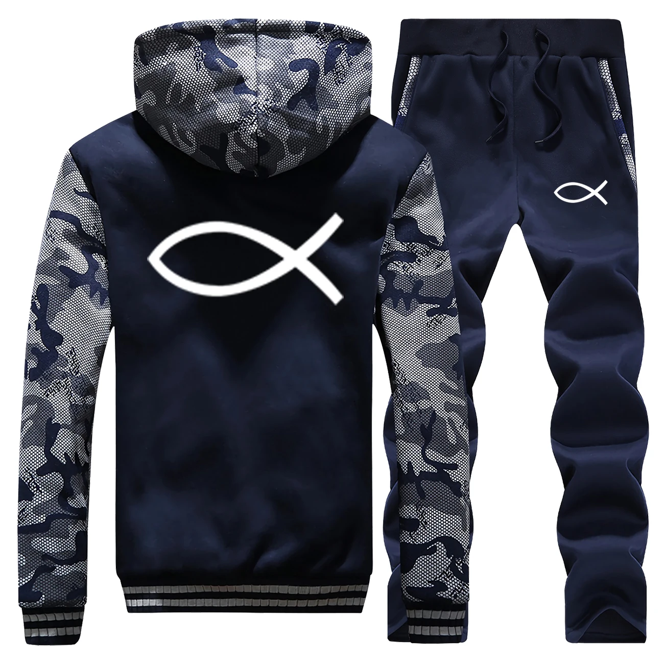 Flash Sale Christian JESUS fish Hoodies Thick Fleece Jacket+Pant 2 PC Sets Men Fashion Brand Sports Suit Outwear Winter Warm Mens Tracksuit