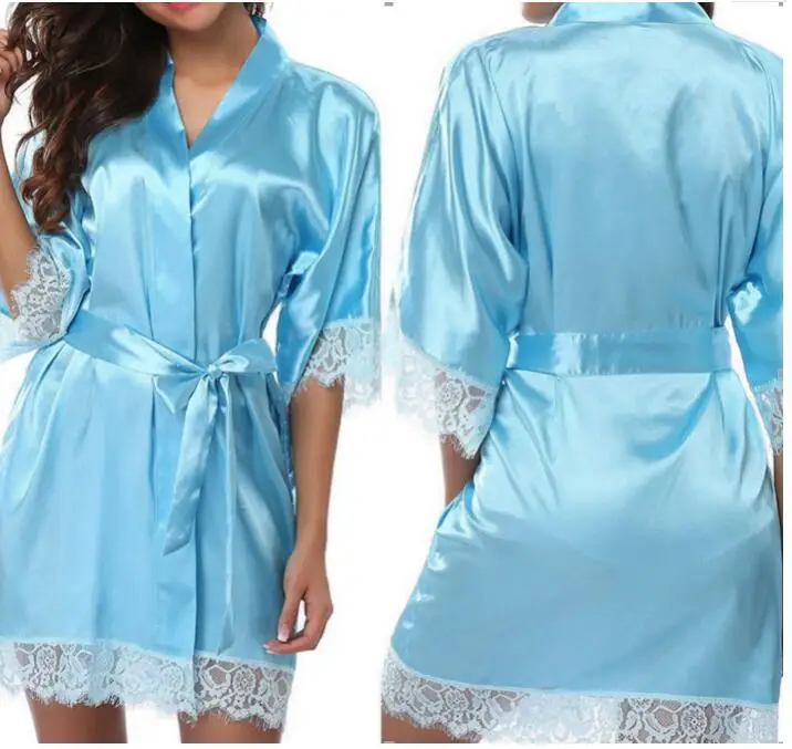 light blue 9 цветов лед Шелковая пижама с поясом нижнее белье размера плюс сексуальные свободные кружевные Халаты женские халаты для невесты женские халаты s пижамы - Цвет: light blue