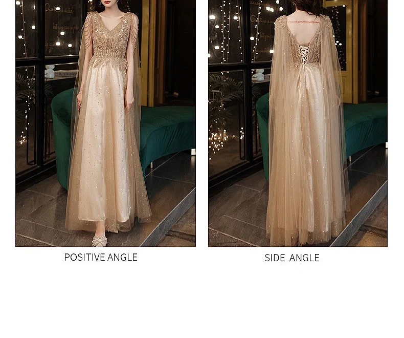 long sleeve prom dresses Champagne Gold Evening Dresses With Cape A Line Sexy V-neck A-line Shiny Luxury Beading  Shawl Formal Celebrity Prom Gowns New prom & dance dresses