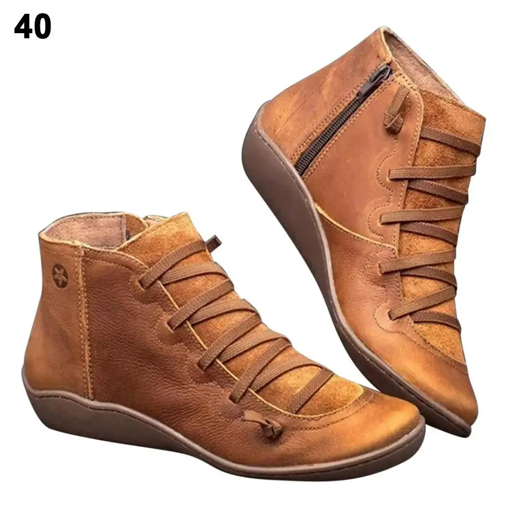 Женские ботильоны из искусственной кожи; женские Винтажные ботинки в стиле панк с перекрестными ремешками; сезон осень-зима; женская обувь на плоской подошве; botas mujer - Цвет: Brown