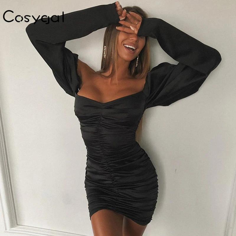 

COSYGAL Off Shoulder Puff Sleeve Pleated Dress Women Slim Sexy Office Ladies Dress Mini Solid Fashion Autumn Party Dresses 2019
