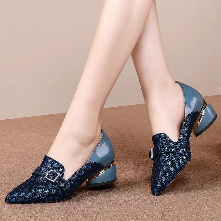 

Sheepskin single female pointed little shoes shoe leather soft thick with high heels color matching shoes head layer cowhide