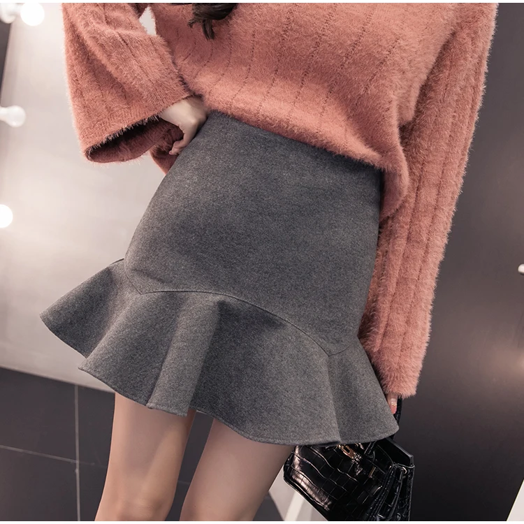 Новые повседневные модные мини шерстяные юбки женские корейские Harajuku зима осень трапециевидные юбки женские большие размеры высокая Талия русалка юбка