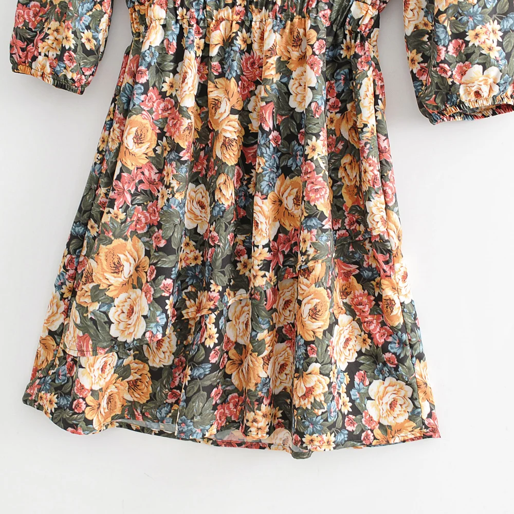 Осень Женская Новая мода свободные французские печатные платья с круглым вырезом 7 рукава тонкие платья 06281189320