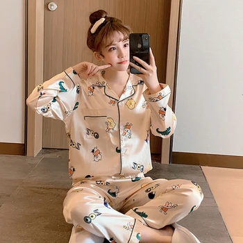 

Cool Women's Pajama Sets For Spring Summer 2 Pcs Long Sleeve Trousers Cardigan Pyjamas Loose Comfort Pijama Female Sleepwear