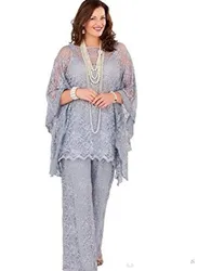 Lace Mother of the Bride Pant Suits 2021 Long Sleeves Three Pieces Silver Gray Formal Party Gown Plus Size Groom Mother Dresses