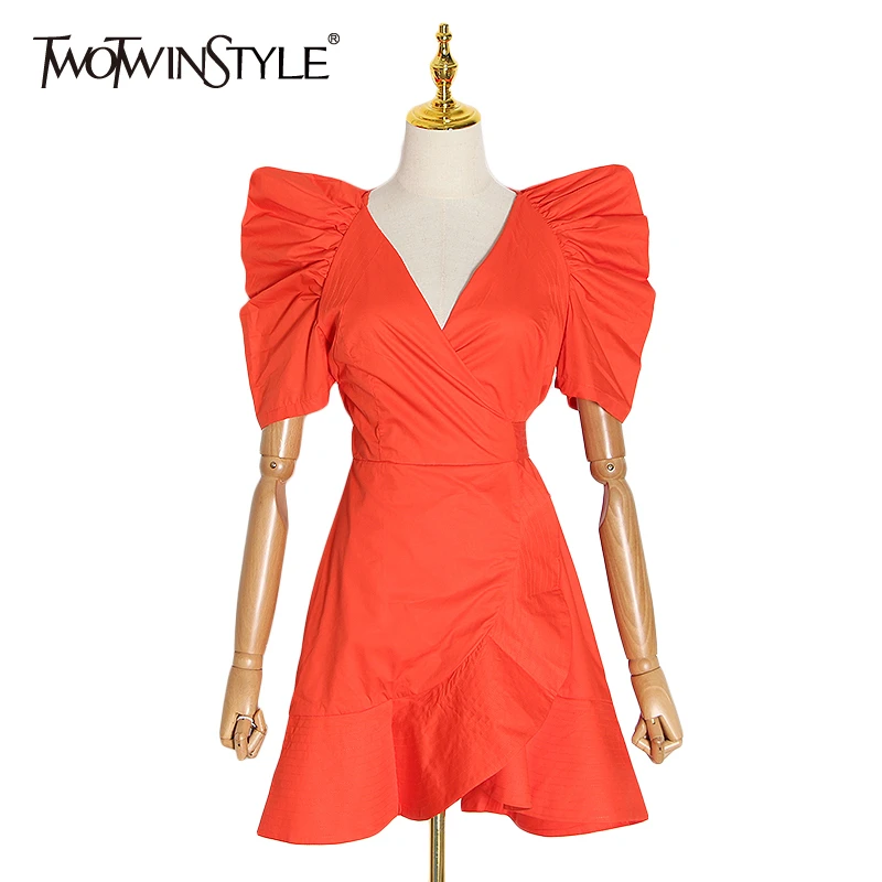TWOTWINSTYLE Asymmtrical Ruffle Women Dresses V Neck Puff Short Sleeve High Waist Lace Up Dress For Female Fashion 2020 Clothing TWOTWINSTYLE Asymmtrical Ruffle Women Dresses V Neck Puff Short Sleeve High Waist Lace Up Dress For Female Fashion 2020 Clothing