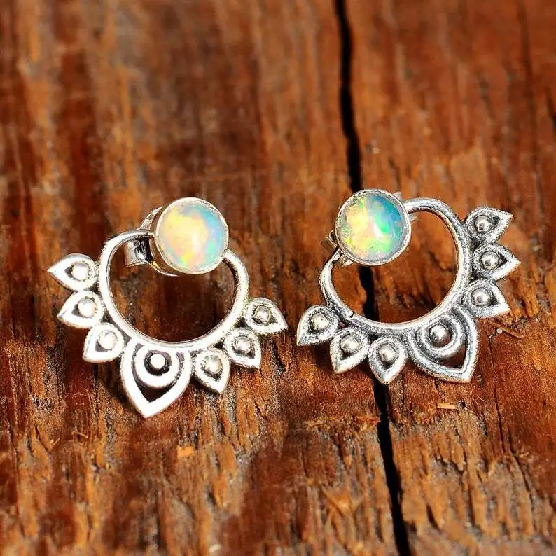 Bohemian Vintage Hollow Metal Lotus Opal Stud Earrings Antique Silver-color Woman's Detachable Handmade Jewelry stud earrings
