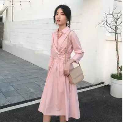 Pink REALEFT Женские Элегантные Платья До Колена, рубашки, высокая талия, воротник поло, спереди, крест, повседневные миди платья трапециевидной формы, женские Новые - Цвет: Pink