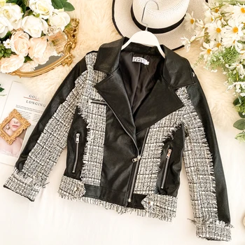 

Fashion jacket female 2019 new design tweed stitching pu leather coat motorcycle jackets tops women casual outwear