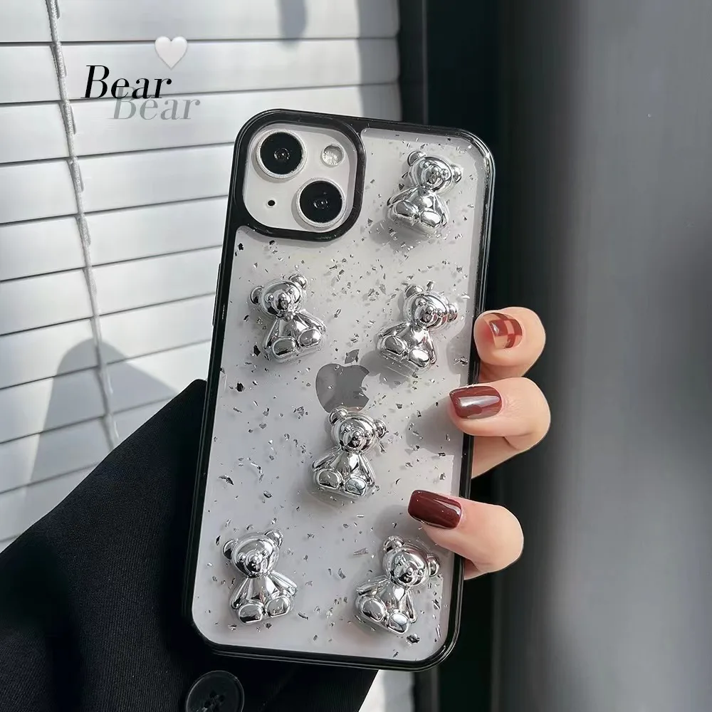 Retro kawaii silver foil bear transparent Phone Case For iPhone 13 11 12 Pro Max Xs Max XR 7 8 Plus X 7Plus case Cute Soft Cover