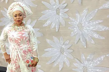 

High Quality French Silk Material Beautiful African Lace Fabric With Sequins for wedding dresses M15583