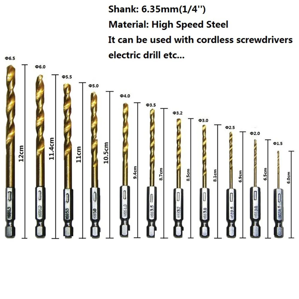 13pcs Twist Drill Bit Set 1.56.5mm Titanium Coated Hss Gun Drill Bit 1