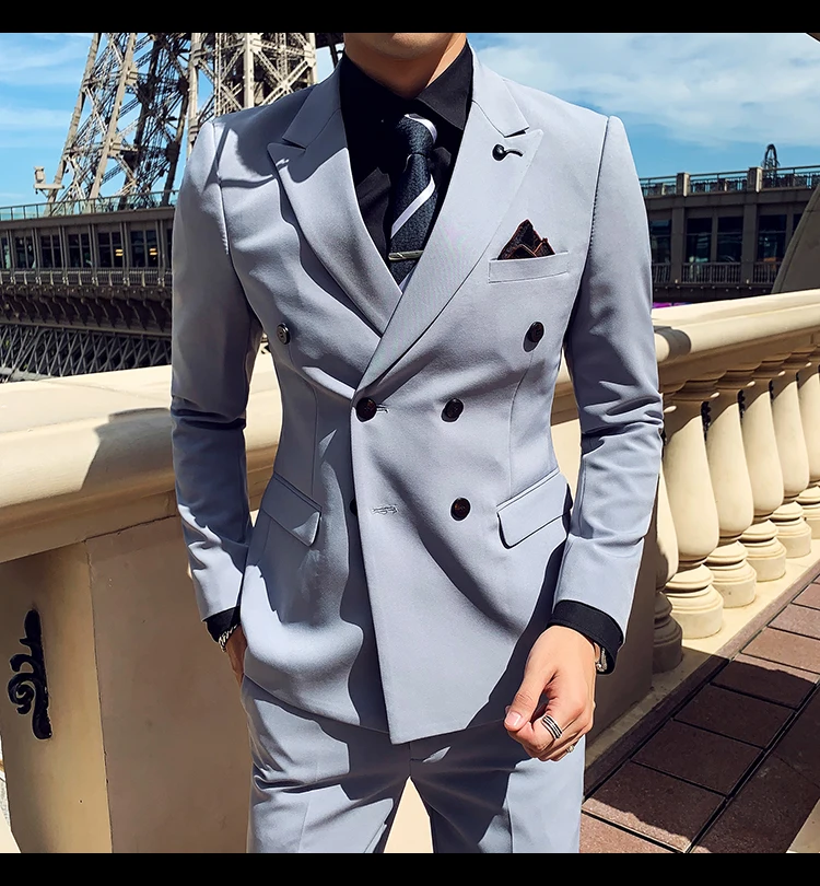 Plyesxale Slim Fit мужской двубортный пиджак свадебные блейзеры Серый Армейский зеленый синий черный белый мужской блейзер Повседневная Q563