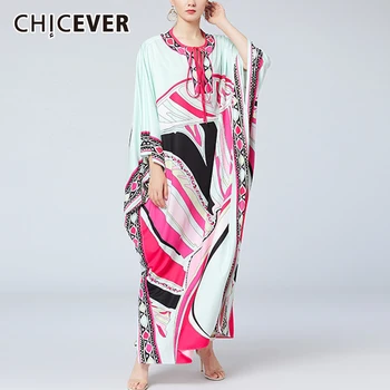 

CHICEVER Lace Up Dress For Women O Neck Batwing Three Quarter Sleeve Print Hit Color Plus Size Loose Dresses Female 2020 Fashion