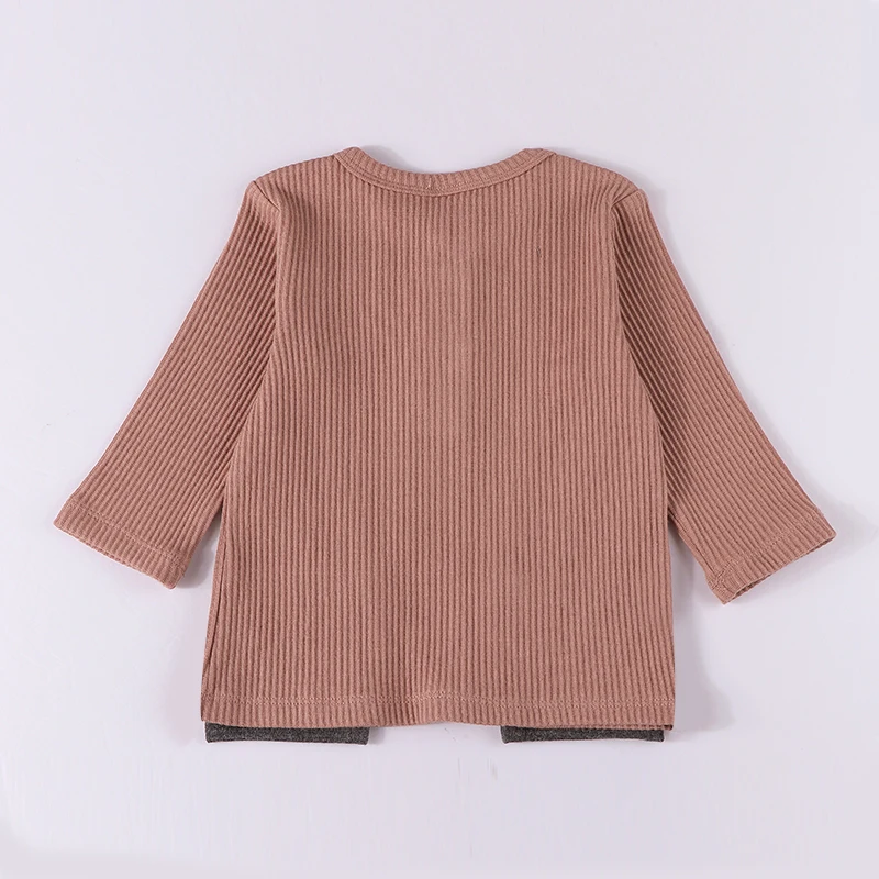 Top kds t-shirt lange sleevesoutfit winter rippen top kontrast tasche baby jungen mädchen kleidung herbst und winter kinder t-shirt – Detail 4