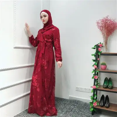 wine Red Роскошное мусульманское платье кружевное с вышивкой высокого класса с блестками Абая Дубай Джаба Рамадан исламское женское кимоно турецкий ИД Мубарак - Цвет: wine Red