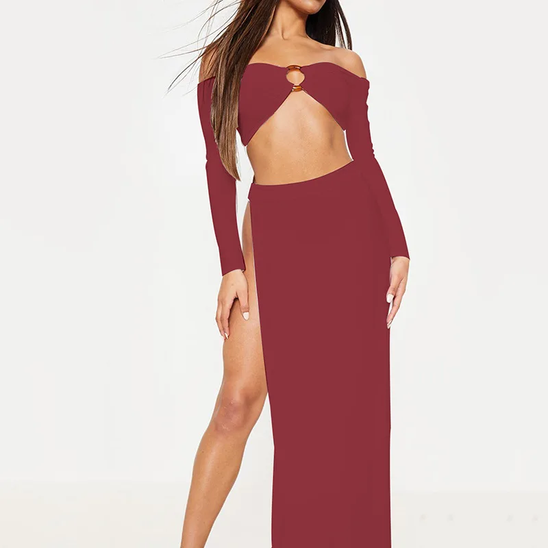 

Female Dress Off Shoulder Long Sleeve Dress Sexy Strapless Ring Decor Dresses Solid Color One-Piece Split Dress for Women
