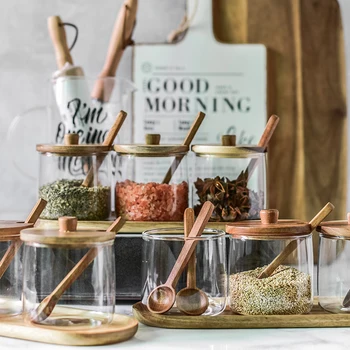 

280ml Seasoning Pot Bottles Kitchen Condiment Storage Containers Acacia Wood Glass Seasoning Spice Jar with Spoon