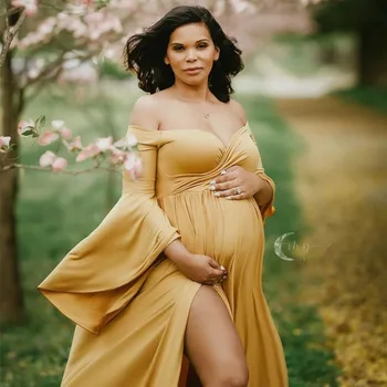 

Baby Showers Photography Prop Pregnancy Cloth Cotton Chiffon Maternity Off Shoulder Half Circle Gown Photo Shoot Pregnant Dress