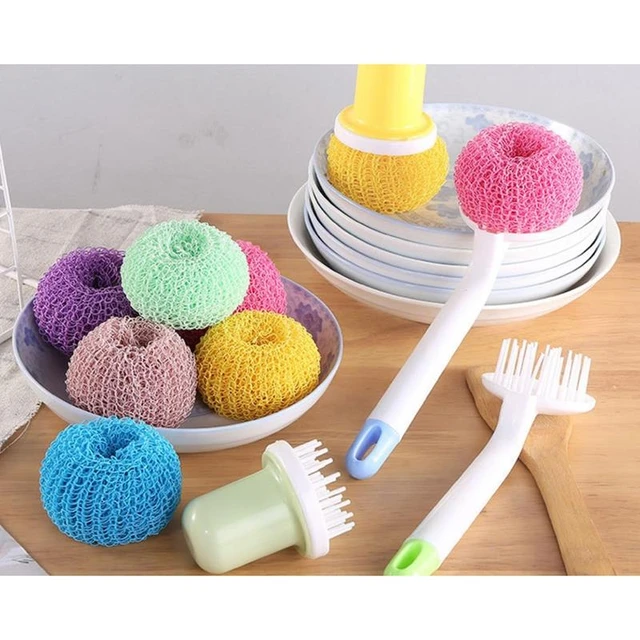 Pink Cleaning Brush, Pot Cleaner Household Kitchen Brush Pan Cleaning Brush Scrubber Dishwashing Gadgets Accessories Kitchen Scrubbers(Short Handle)