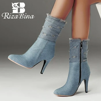 

RIZABINA Fashion Plus Size 28-50 Ripped Denim New Arrival Mid-calf Boots Women Winter High Heels Boots Woman Shoes Footwear