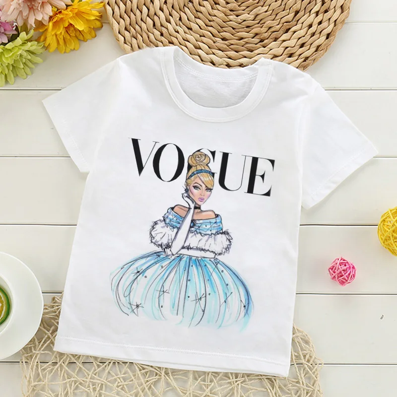 Новые модные детские футболки с принтом принцессы Забавные топы для девочек с мультяшным принтом Harajuku, белая футболка с круглым вырезом и