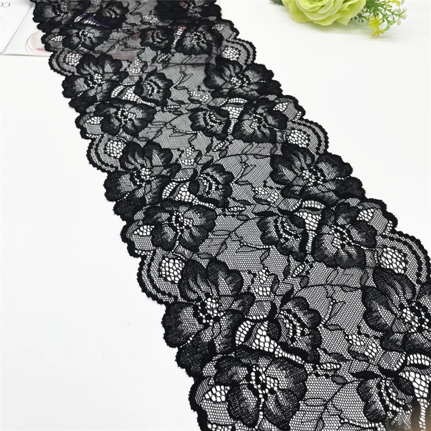 3y/lot Width 18.50cm Floral Stretch Lace Trims Black 1