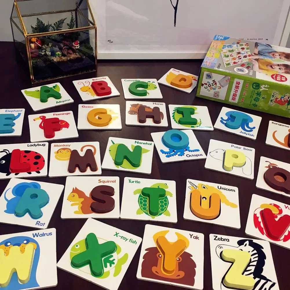 26 pièces en bois abc Alphabet lettres animaux Match Puzzles cartes éducation précoce jouets mathématiques pour enfants pré-cool jouet d'apprentissage