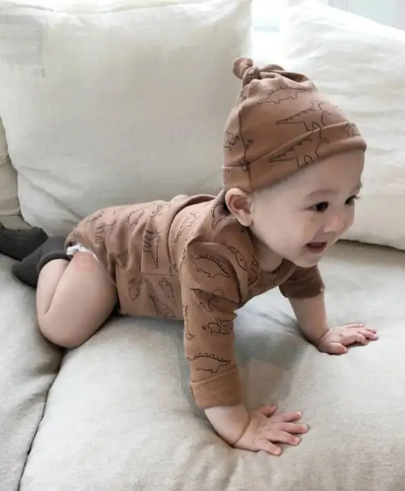 brown romper and hat Одежда с динозаврами из мультфильмов для маленьких мальчиков и девочек, комплекты из чистого хлопка для малышей, милый комбинезон для малышей - Цвет: brown romper and hat